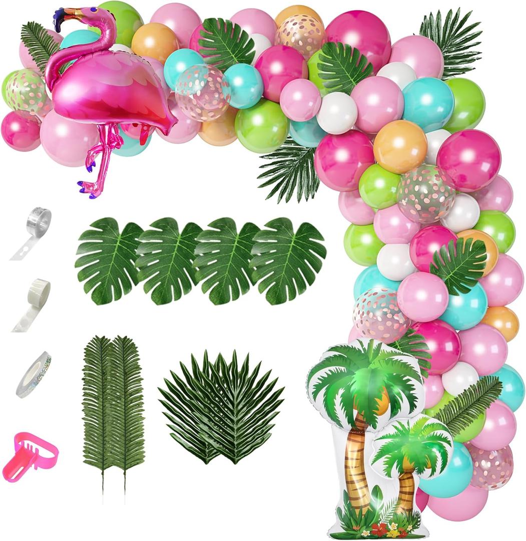 132Pcs Tropical Flamingo Balloons Garland Kit, Flamingo Foil Balloons Green Pink Aqua Blue Confetti Balloons Palm Leaves Baby Shower Hawaiian Luau Birthday Party Decorations Supplies