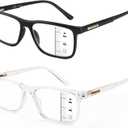 Missfive 2 Pack Multifocus Progressive Reading Glasses - Blue Light Blocking Anti UV/Eye Strain, Durable Metal Spring Hinge Multifocal Readers, Stylish Eyewear for Near Workspace,1.5x (Progressive, Lens Top Not 0x / Classic Style, Black + Transparent)