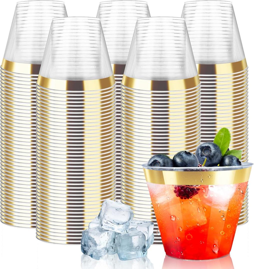 [200 Pack] 9oz Clear Plastic Cups with Gold Rimmed Sturdy & Food Safe Disposable Glasses Party Wedding Cups Disposable Drinking Cups Plastic Cocktail Glasses for, Juice & Cold Beverages