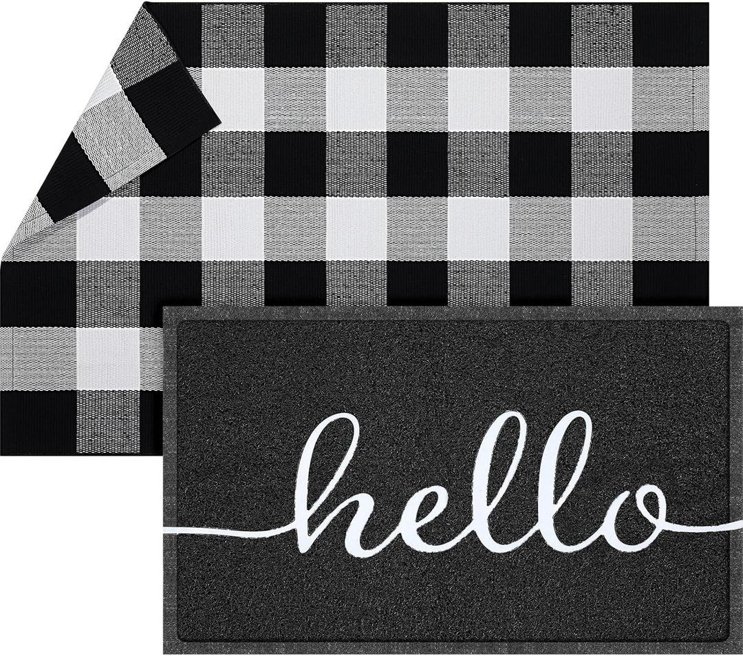 Geelin 2 Pcs 30'' x 18'' Doormat 43'' x 27.5'' Buffalo Plaid Outdoor Rug Layered Front Door Mat Outside Entrance Welcome Door Mats for Indoor Outdoor(Hello)