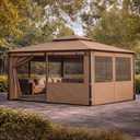 Batiyeer Gazebo Privacy Curtains 10' x 12' Outdoor Gazebo Curtains Waterproof with Mosquito Net Windows, Replacement 4-Panels Side Wall with Zippers for Patio Garden and Backyard, Brown(Curtain Only)