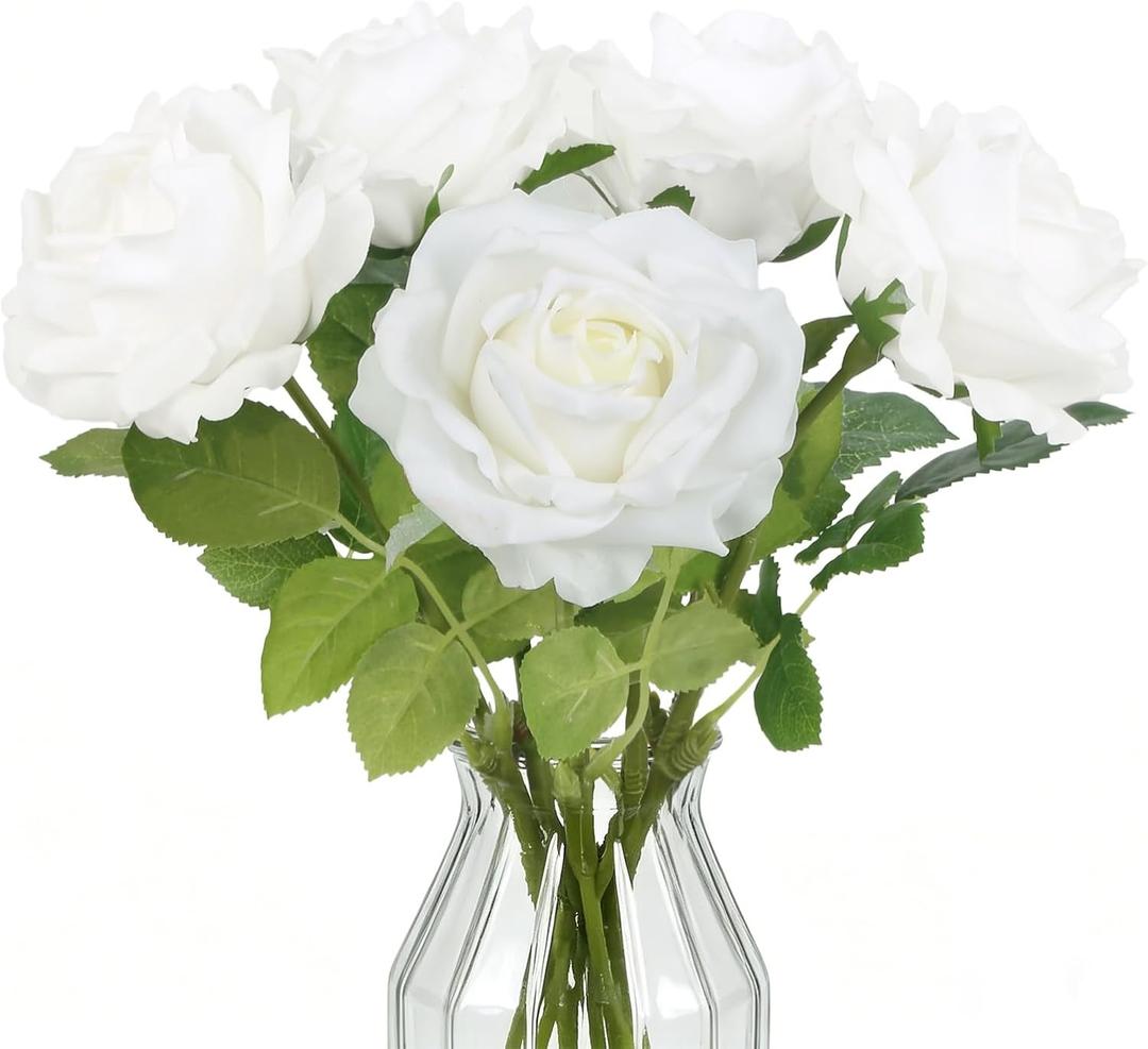 5PCS Real Touch Roses White Artificial Flowers, 16.93" Long Stems Lifelike Faxu Roses Fake Flowers for Table Centerpieces Wedding Home Party Decorations(White)