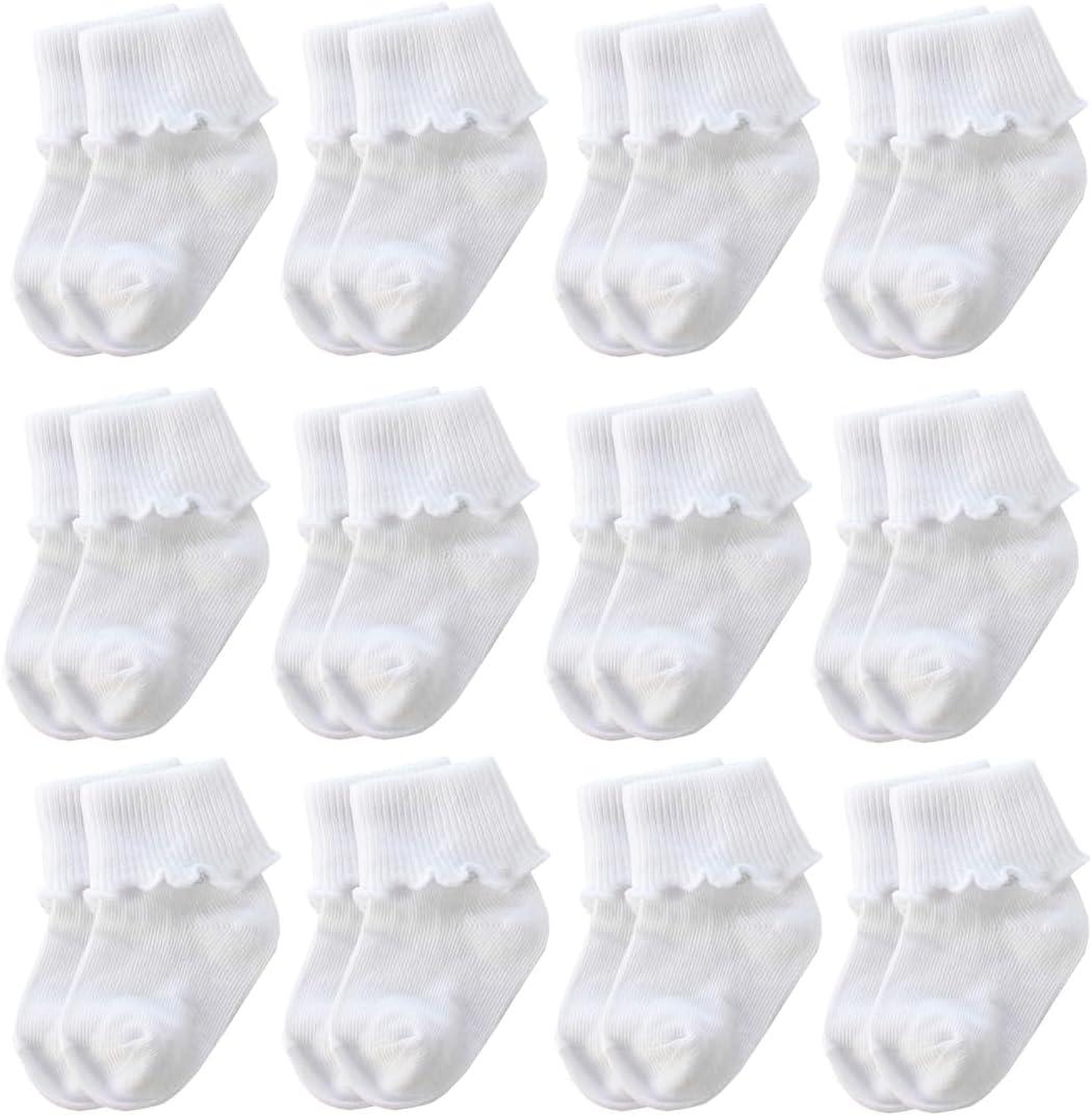 12 Pairs Infant Newborn Baby Girls White Socks Cotton Turn Cuff Ruffle Socks (9-24 Months, 12 Pair- White)