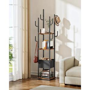 Coat Rack Freestanding, Coat Rack with 3 Shelves, 8 Hooks and 1 Fabric Pouch, Square Coat Hanger Stand, Metal Clothes Tree for Living Room, Bedroom, Entryway, Rustic Brown and Black TYM03BF