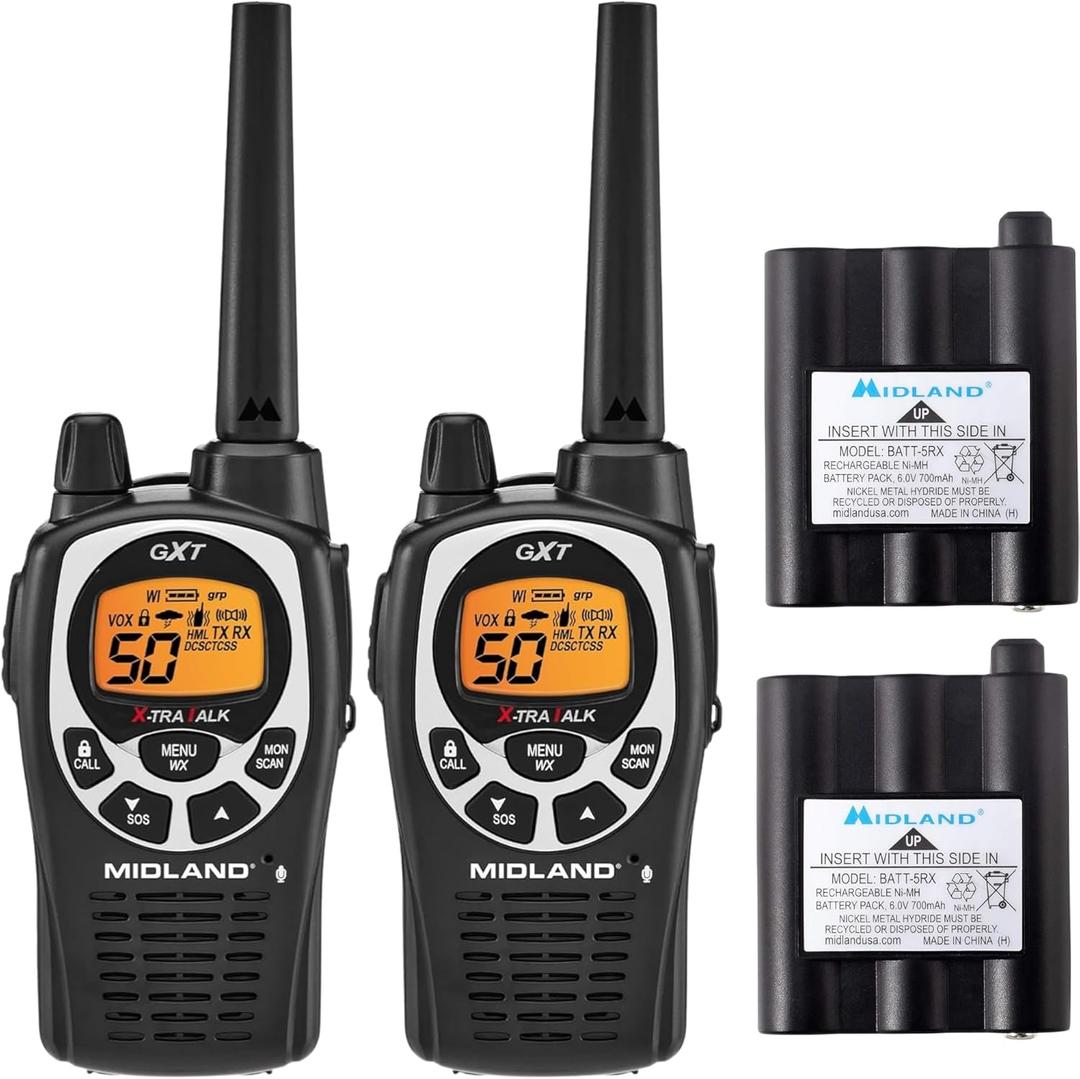 Midland GXT1000 GMRS Radio Walkie Talkie with Extra Battery Packs