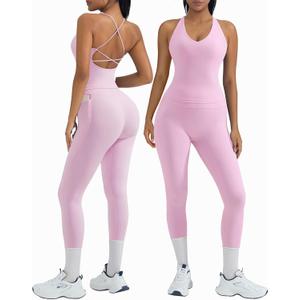 OMKAGI 2 Piece Workout Sets for Women Padded Workout Tops Booty Leggings with Pockets Gym Sets (Large, Light Pink)