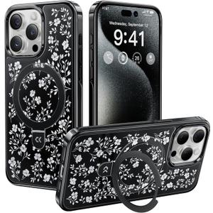CASEKOO Vintage Flowers for iPhone 15 Pro Max Case with Magnetic Ring Stand [Compatible with MagSafe] [Military-Grade Protection] Fashion Black Back with Floral Design, Polished Black Edge, for Women