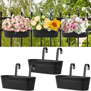 Zishine 15.7 Inch Metal Iron Hanging Flower Pots 2 Pcs Iron Railing Fence Planter with Drainage Holes and Hooks Metal Hanging Bucket Pots for Porch Railing Balcony Fence(Black)