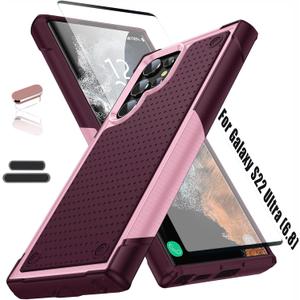 Heavy Duty Case for Samsung Galaxy S22 Ultra 6.8 Inche, 4 Corners with Airbags[12ft Drop Protection], Non-Slip Textured Grip Bumper Support Wireless Charging Drop Resistant Case -Rose/Pink