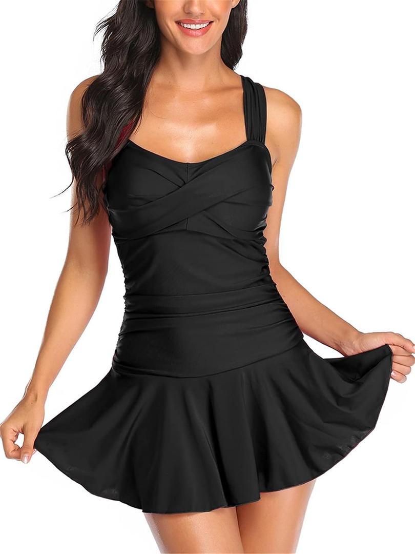 MiYang Women's Swimwear One Piece Slimming Skirt Tummy Control Swimdress Bathing Suit (Black, XL)