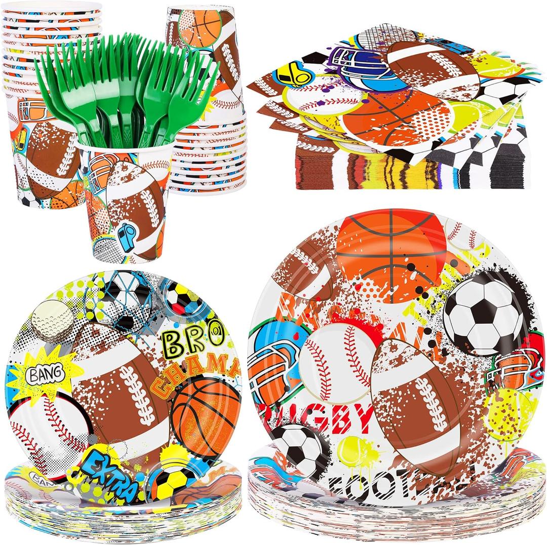 Durony 144 Pieces Sports Themed Paper Plates and Napkins Dinnerware Set Sports Birthday Party Tableware Paper Plates Napkins Forks Serve 24 for Rugby Baseball Basketball Soccer Party Supplies