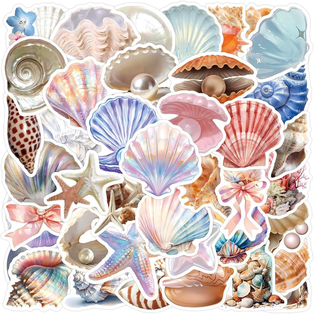 60PCS Sea Shell Stickers Aesthetic PET Transparent Conch Sticker Clamshell Pearls Decals Waterproof Decorative Decal for Scrapbook DIY Crafts Album Bullet Journal Planner Water Bottles Phone (Conch-B)
