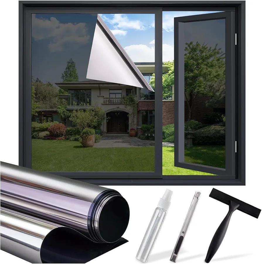 SUNBABY One Way Reflective Window Film, 23.6 x 118.1Inch, Black, See Out Not In, Sun Blocking, Anti UV, Mirror Window Clings, Daytime Privacy, No Glue, Easy to Apply, Reusable