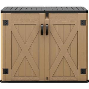 DWVO Outdoor Storage Shed, Weatherproof Resin, 35 Cu Ft Capacity, Horizontal Design, X-Shaped Lockable Door, Suitable for Bike, Garden Tools, Trash Cans, Brown