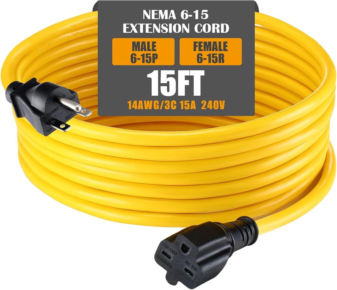 Tellegloww 15ft Extension Cord Compatible with Nema 6-15 6-15p Male to 6-15r Female, 15 Amp Power Cable for 220/240v Air Condition LED Grow Lights Cord Heavy Duty 14awg/3c, 240v, 3750w (Yellow)