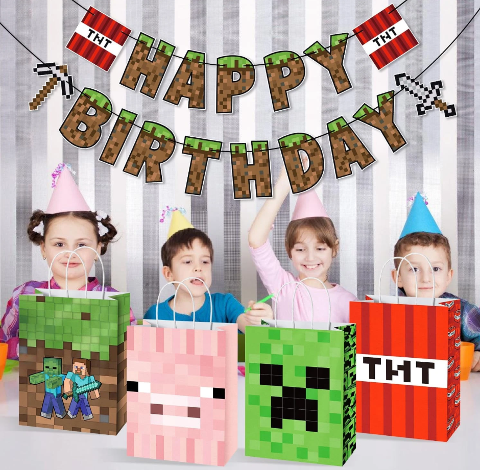 16pcs Pixel Birthday Gift Bag with Handle  Goodie Treat Candy Gift Bags for Kids‘s Party Favors Video Game Party Decoration Supplies for Boys Girls