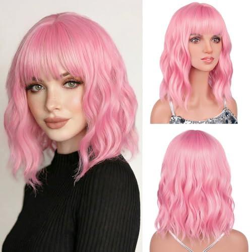 Pink Wig, Light Pink Bob Wigs with Bangs, Adjustable Straps Colorful Wig Synthetic Heat Resistant Fiber for Daily Party Cosplay Use, Shoulder Length Wavy Pink Wig for Women Girl with Wig Cap, 14 Inch