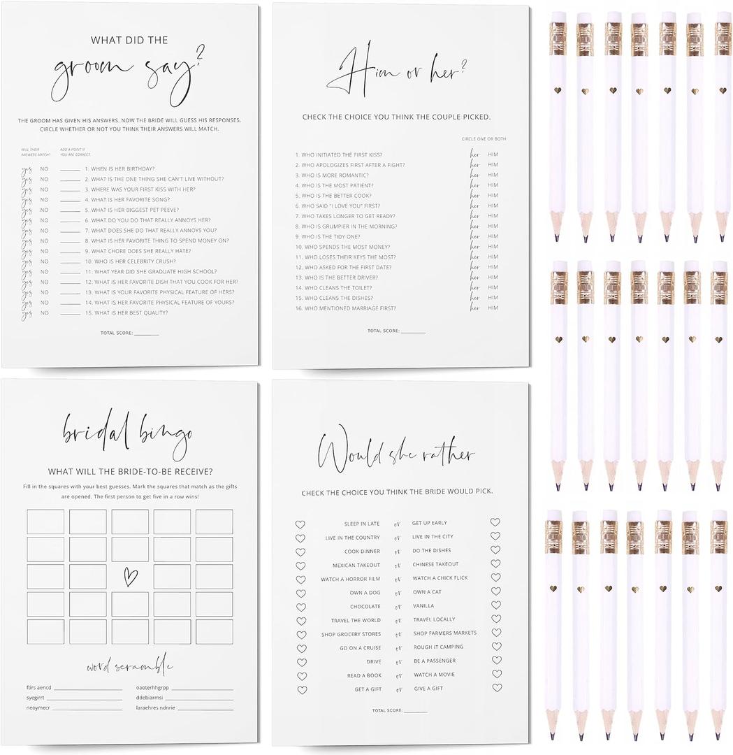 GardenCity Bridal Shower Games Bundle - 5 Bridal Shower Games and Pencils for 30 Guests, Double-Sided Cards, Minimalist