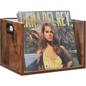 Vinyl Record Storage Crate, Holds up To 60 LPs, Album Visible Storage Box with Acrylic Front, Handle, Wooden Multi-Purpose Organizer for Records, Magazines and Books, for Desktop and Home Office (1 Pack)