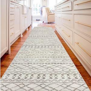 KUTA Moroccan Washable Runner Rug, 2x10 Non-Slip Vintage Beige Boho Hallway Kitchen Runners Ultra Soft Distressed Geometric Floor Carpet Rugs for Bedroom Laundry Living Room
