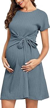 2024 Women's Summer Maternity Dress Ribbed Short Sleeve Knot Front Pregnancy Flowy Dresses Baby Shower Casual, Size: Large
