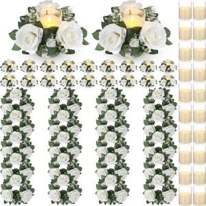 Yunlly 20 Pcs Rose Candle Rings with Flameless Candles Sets, Artificial Flower Eucalyptus Wedding Centerpiece 3 Inch Pillar Candleholders Wreaths for Wedding Party Mother's Day (White)