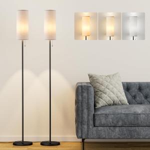 Ambimall Floor Lamp with 3 Color Temperatures Bulb Set of 2, 64" Standing lamp with Linen lampshade for Bedroom, Minimalist Pole Lamp, Beige Shade & Black Pole
