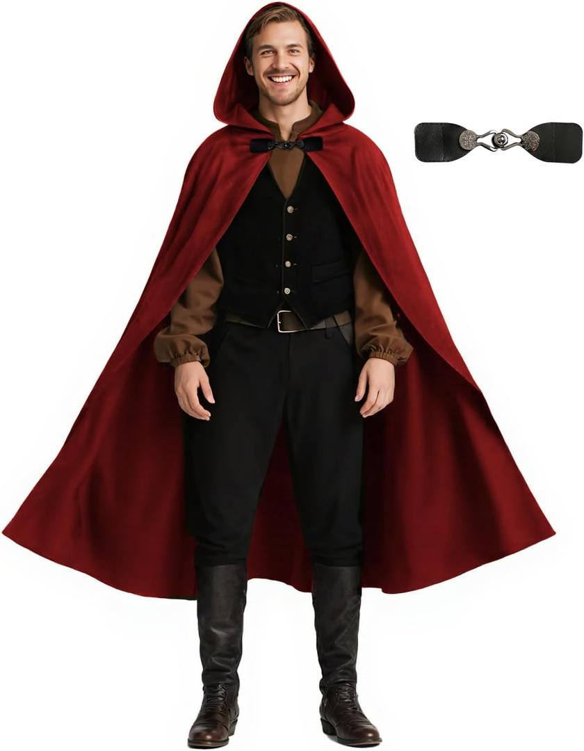 Medieval Hooded Cloak Renaissance Cape for Men and Women Halloween Costume (Red 2)