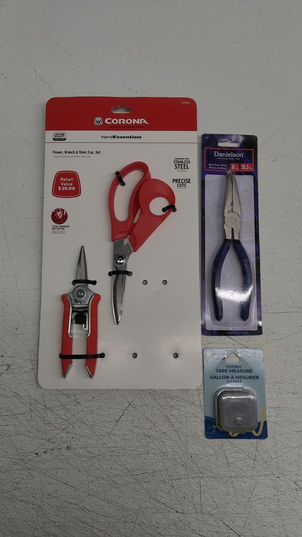 Corona Yard Essentials Stainless Steel scissors for shearing and pliers, missing one tool, One set of Danielson Curved Nose Pliers, and One Key and Castle Flex Tape measure, 5FT