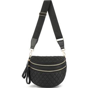 Bum Bag for Women Quilted Nylon Crossbody Shoulder Bag Large Belt Purse Fanny Packs (Black)