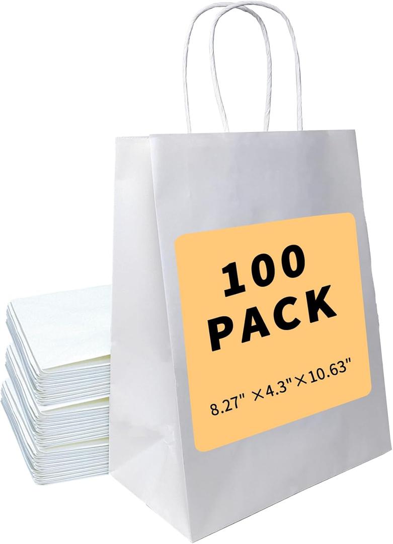 BAG BOX 100 Pack 8.25x4.3x10.6 Inch White Gift Bags with Handles, Bulk Kraft Paper Bags for Shopping, Retail, Merchandise, Wedding, Party Favors, Paper Grocery Sacks
