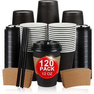 RAZCC 120 Pack 12 oz Paper Coffee Cups Set, Disposable Black Coffee Cups with Lids, Sleeves and Stirring Sticks, Fit For Cold and Hot Drinks