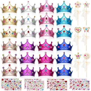 Hoedia 24+37Pcs Foam Crowns Set, Princess Tiaras and Foam DIY Crowns for Kids to Decorate for Birthday Party Crowns Favors with 24 Foam Crowns, 24 Wooden Wands, 12 Rhinestone Stickers,1 Silk Ribbon