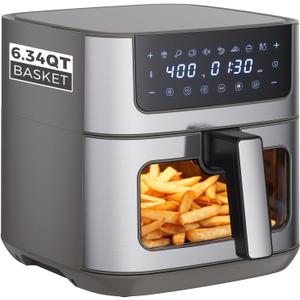 OLIXIS 6.34QT Air Fryer with Window, 8 Food Presets with 400F Max Heat, 90-Min Timer, Nonstick Dishwasher-Safe Basket for Air Fry, Roast, Reheat, Bake, Stainless Steel, Grey