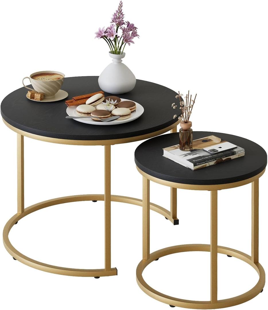 Garden 4 you Nesting Coffee Table, Round Coffee Table Set of 2, Nesting Tables for Living Room Bedroom Balcony, Wooden Stacking Accent Coffee Tables with Metal Frame, Black
