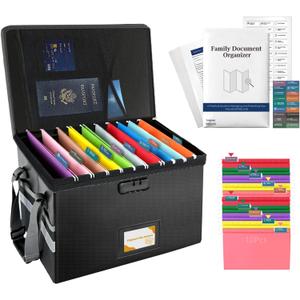 Deluxe Pro Large Next of Kin Box Organizer with 50-Page Family Document Guide, Fireproof Foldable File Organizer with Combination Lock, 10 Hanging Files and 115 Category Labels (15.7"L12.2"W10.6"H)