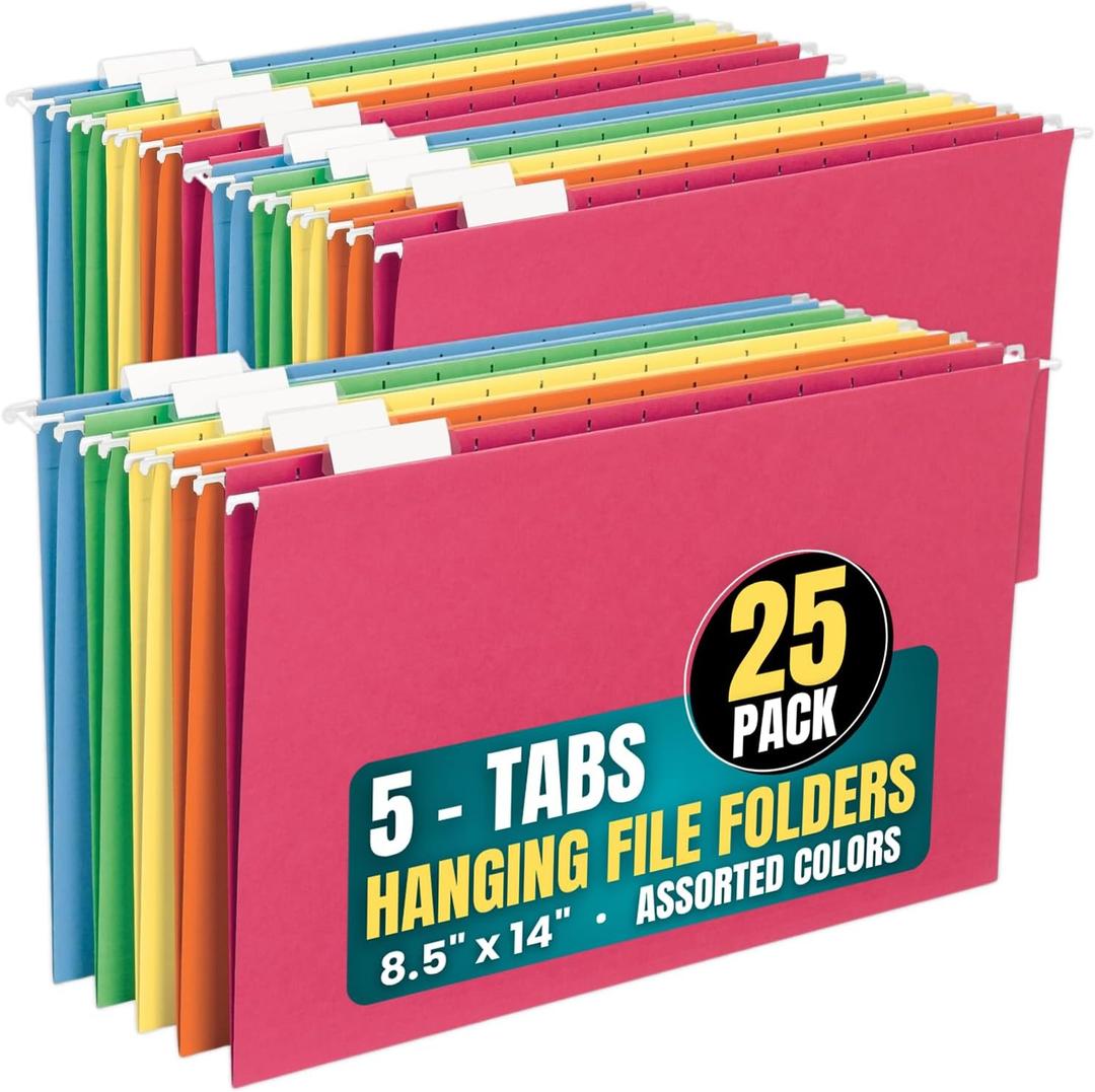 1InTheOffice Hanging File Folders Legal Size, Expandable Hanging File Folder, Adjustable 5 Tabs, Assorted Color, 25 Pack