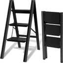 3 Step Ladder, Foldable 3 Step Stool for Adults, 3 Step Ladder Folding Step Stool with Wider Pedal Ergonomic Design and Anti-Slip Feet, Lightweight, Portable Steel Step Stools (3 Step - Upgraded & Thicker - Black)