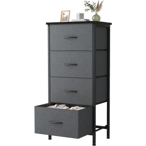 Sweetcrispy 4 Fabric Drawer Small Dresser, Bedside Nightstand with Wooden Top Sturdy Frame, Entryway Closet Bedroom Storage Cabinet Furniture for Dorm,Grey, 11.8"D x 17.7"W x 37.5"H