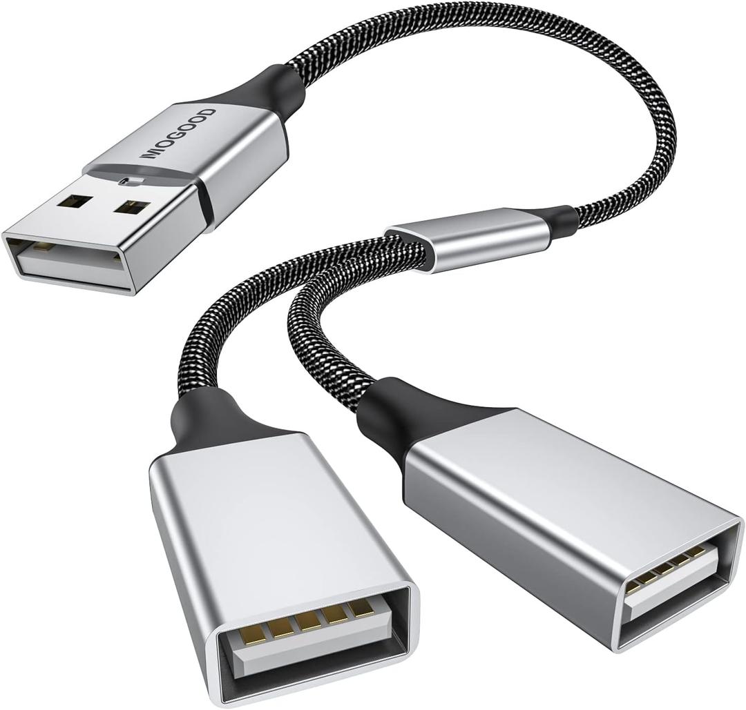 MOGOOD USB Splitter Cable USB y Splitter Adapter (Carplay NOT Supported) Dual Type A 2.0 Power Cord Extension for Charging/Data Transfer/Laptop/Mac/Car (Silver)
