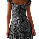 YOBECHO Womens Summer Sexy Sweetheart Collar Printed Ruffle Mini Dress Black, Size: Small