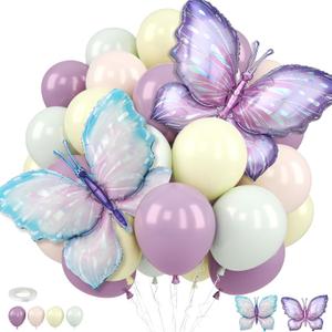Pastel Purple Green Balloons with Butterfly Foil Balloons, Lavender Macaron Orange Yellow Fairy Balloons for Girl Garden Party Princess Theme Birthday Baby Shower Wedding Decorations