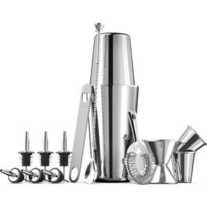 Expert Cocktail Shaker Home Bar Set - 14 Piece Stainless Steel Bar Tools Kit with Shaking Tins, Flat Bottle Opener, Double Bar Jigger, Hawthorne Strainer, Shot Glasses, Bar Spoon, and 6 Pour Spouts.