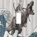 Funny Cat Cool Cat Dinosaur Japanese Sea Waves Wood Single Toggle Light Switch Cover Plate Decorative 1 Gang Wall Plate Cover Electrical Device Switchplate for Farmhouse Bedroom Bathroom Decor