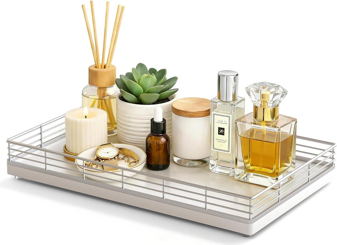 Large Bathroom Vanity Tray 13" x 8" Oak Decorative Wooden Tray for Bathroom Countertop & Vanity Organizer, Wood Tray for Perfume, Skincare & Accessories Storage, Vanity Dresser Decor Sliver & White