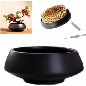 Ceramic Flower Pot Flower Arrangement Set Japanese Ikebana Floral Art Supplies Handmade Flower Bowl Decorative Flower Vase for Centerpieces (Large Black)