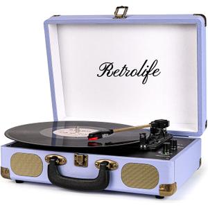 Vinyl Record Player 3-Speed Bluetooth Suitcase Portable Belt-Driven Record Player with Built-in Speakers RCA Line Out AUX in Headphone Jack Vintage Turntable Purple