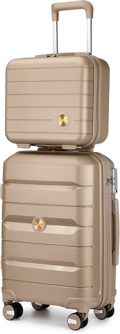 Somago 20" Carry On Luggage and 14" Mini Cosmetic Cases Travel Set Lightweight Polypropylene Suitcase with TSA Lock YKK Zipper Hardside Luggage with Spinner Wheels (2 Piece Set, Noble Golden)