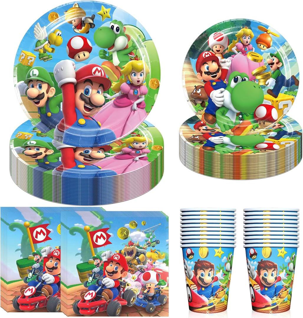 80 PCS Brother Birthday Party Supplies, Mario Tableware Set Includes 40 PCS Plates, 20 PCS Napkins and 20 PCS Paper Cups for Party Decorations