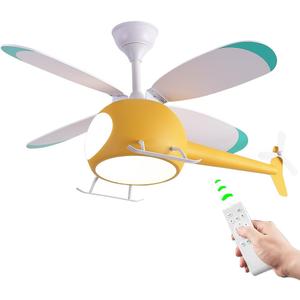 Children's Bedroom Ceiling Fan with lights,Remote control speed,Dimmable Kids Room Cartoon Ceiling Fan Lamp,Helicopter Model Teddy Bear Model Options Yellow, 42 inches x 19.6 inches